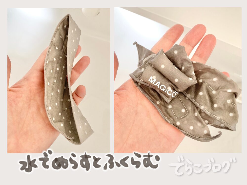 【左】水分吸収前のようす、【右】水に1分間浸して水分を吸収した後