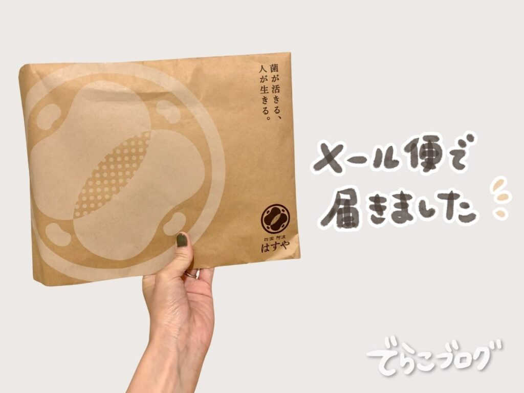 メール便で届いたはすやの粉なっとうの封筒を手で持っている様子。左に「メール便で届きました」と手書きで説明あり。