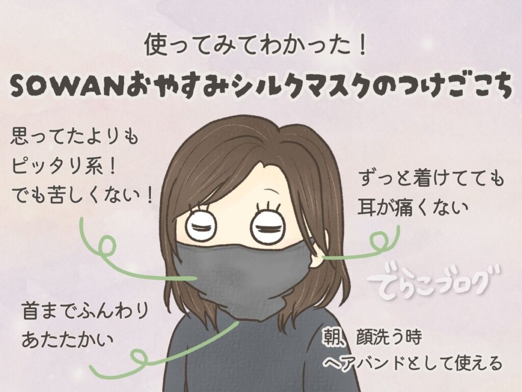 SOWANのおやすみマスクの使い心地や特徴をまとめたイラスト