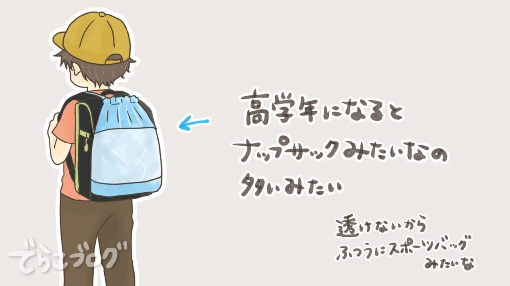 ランドセルの上からナップサック型プールバッグを背負っている男の子のイラスト