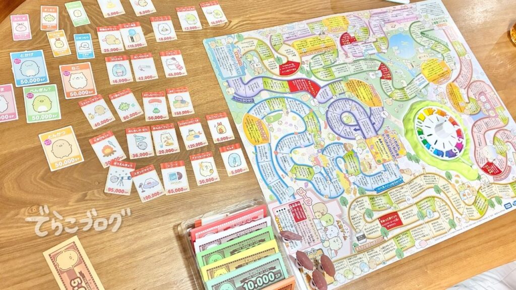 すみっコぐらし人生ゲームのカードを並べたところ