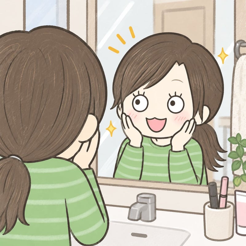 セルフまつ毛パーマ後に鏡を見て喜ぶ筆者のイラスト